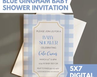 Blue Gingham Baby Shower Invitation Boy Printable Digital Download Custom Template Personalized Announcement Card Editable Electronic File