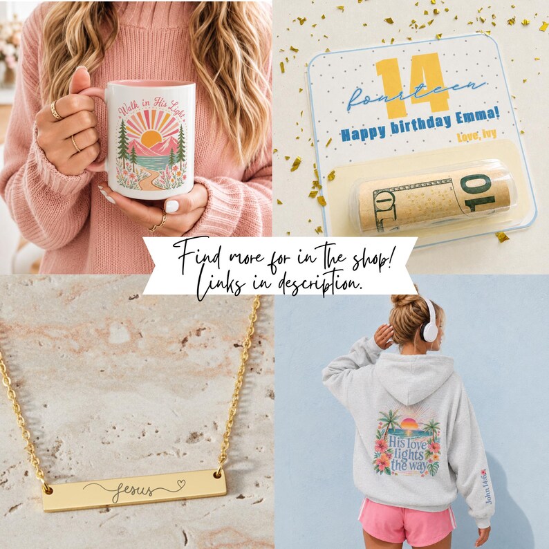 May include: A ceramic mug with a "Walk in His Light" graphic, a birthday card with a rolled ten-dollar bill, a gold-tone bar necklace engraved with "Jesus" and a heart, and a light gray hoodie featuring a "His love lights the way" graphic.