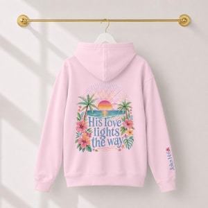Jesus Love Theme Teenage Gift Bible Verse Hoodie Christian Women Faith Inspired Pullover Sweatshirt Teen Girl Youth Group Shirt Religious Camp Apparel Ocean Tropical Sunrise Scene Palm Tree Design His Love Lights Way Back Text John Verse
