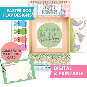 May include: An open Easter box with various flap designs, including bunny illustrations and the text "You're one of my favorite peeps!" and "Happy Easter." Includes a matching card with a bunny graphic and the text "Happy Easter!" The box is labeled "DIGITAL & PRINTABLE."