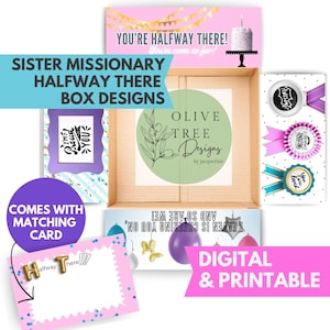 以下が含まれることがあります： 「Sister Missionary Halfway There Box Designs」のテキストが入った、デジタル印刷可能なボックスデザイン。画像には、お揃いのカード、装飾リボン、ケーキのイラストが含まれています。デザインはピンクと青の配色です。