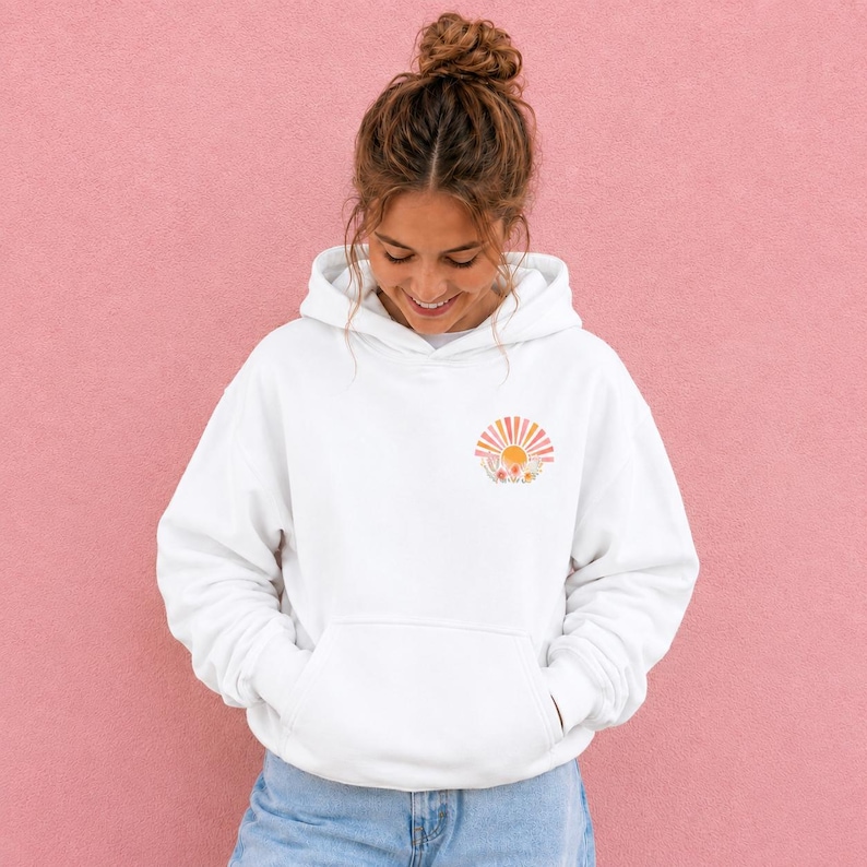 Christian Youth Hoodie Girls Faith Design Spiritual Wear Sweatshirt School Clothing Essential Camp Pullover Soft Fleece Interior Mountain Lake Graphics Walk His Light Message Inspirational Design Beautiful Cotton Blend Comfortable Daily