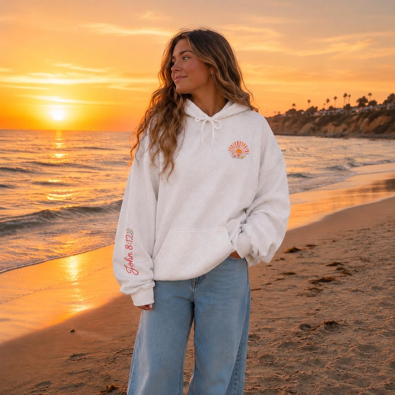 Walk In His Light Christian Sweatshirt Mountain Lake Scene Design Bible Verse Hoodie Teen Girl Cursive Text Back Floral Sleeve Details Sun Flower Front Youth Camp Faith Clothing Soft Cotton Poly Blend Inspirational Gift Teenage Daughter