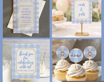 Baby Shower Invite Blue Gingham Boy Celebration Printable Bundle Digital Download Custom Design Party Package Welcome Sign Thank You Card
