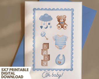 Baby Boy Card Digital Download Printable Baby Shower Message Greeting Newborn Congratulations Gift Blue Nursery Print Son Birth Celebration