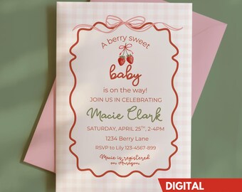 Strawberry Baby Shower Invitation Girl Announcement Card Printable Design Digital Download Custom Editable Party Invite Pink Gingham Berry