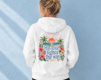 Sudadera con capucha y cremallera cristiana para mujer, sudadera con estampado inspirador de la Biblia, versículo del Evangelio de Juan, diseño de amor de Jesús, top con estampado tropical suave.