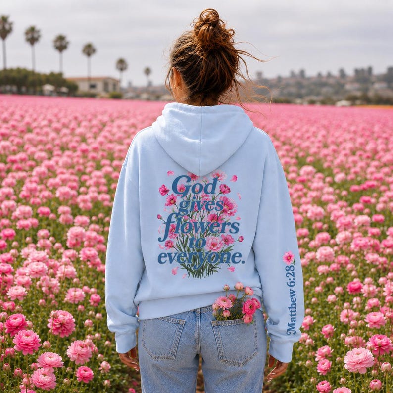 Christian Pullover Teen Girl Pink Floral Faith Hoodie Matthew Scripture Verse Clothing Religious Apparel Bible Passage Inspirational Sweatshirt Soft Comfortable Women Gift Best Friend Present Beautiful Design Details Casual Daily Wear