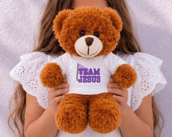 Regalo de bautismo para niños: Oso de peluche, camiseta, Equipo Jesús, juguete de peluche, baby shower, bautizo, regalo religioso de cumpleaños para niña o niño.