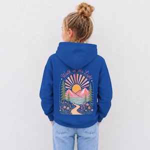 Christian Girls Hoodie Youth Faith Design Perfect Daughter Gift Soft Fleece Pullover Spiritual Wear School Clothing Camp Sweatshirt Mountain Lake Scene Walk His Light Message Inspirational Graphics Beautiful Cotton Blend Comfortable Daily