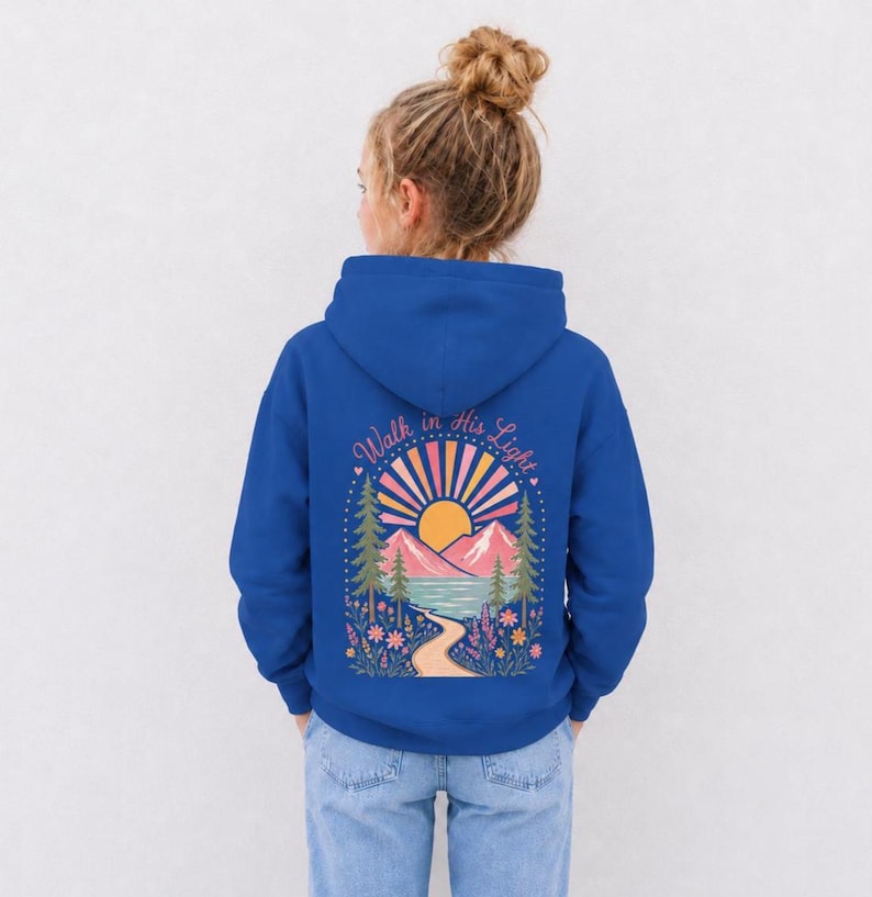 Christian Girls Hoodie Youth Faith Design Perfect Daughter Gift Soft Fleece Pullover Spiritual Wear School Clothing Camp Sweatshirt Mountain Lake Scene Walk His Light Message Inspirational Graphics Beautiful Cotton Blend Comfortable Daily