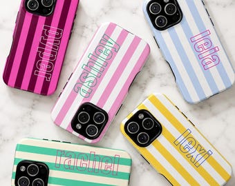 Funda para teléfono a rayas con nombre personalizado, accesorio protector, regalo personal para adolescente, regalo de cumpleaños para iPhone y Samsung, carcasa resistente de doble capa.