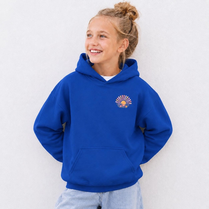 Youth Sweatshirt Christian Faith Design School Clothing Essential Girls Hoodie Camp Wear Spiritual Apparel Soft Fleece Interior Comfortable Pullover Style Mountain Lake Graphics Walk His Light Message Inspirational Design Beautiful Cotton