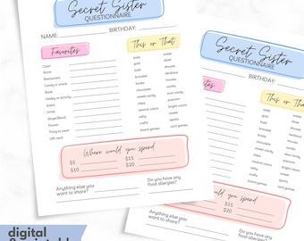 Secret Sister Questionnaire Gift Exchange Form Printable Lds Youth Activity Overnight Camp Worksheet Young Women Gift Survey Sorority