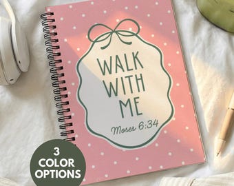 Idea regalo per giovani donne LDS, diario per campi estivi per ragazze, quaderno a tema LDS 2026, diario "Cammina con me", design a pois e fiocco, libro di studio delle Scritture rosa