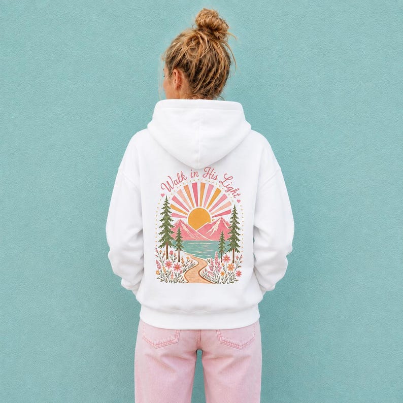 Soft Fleece Hoodie Girls Christian Faith Design Comfortable Cotton Blend Pullover Youth Sweatshirt Spiritual Wear School Clothing Camp Apparel Mountain Lake Scene Walk His Light Message Inspirational Graphics Beautiful Design Perfect