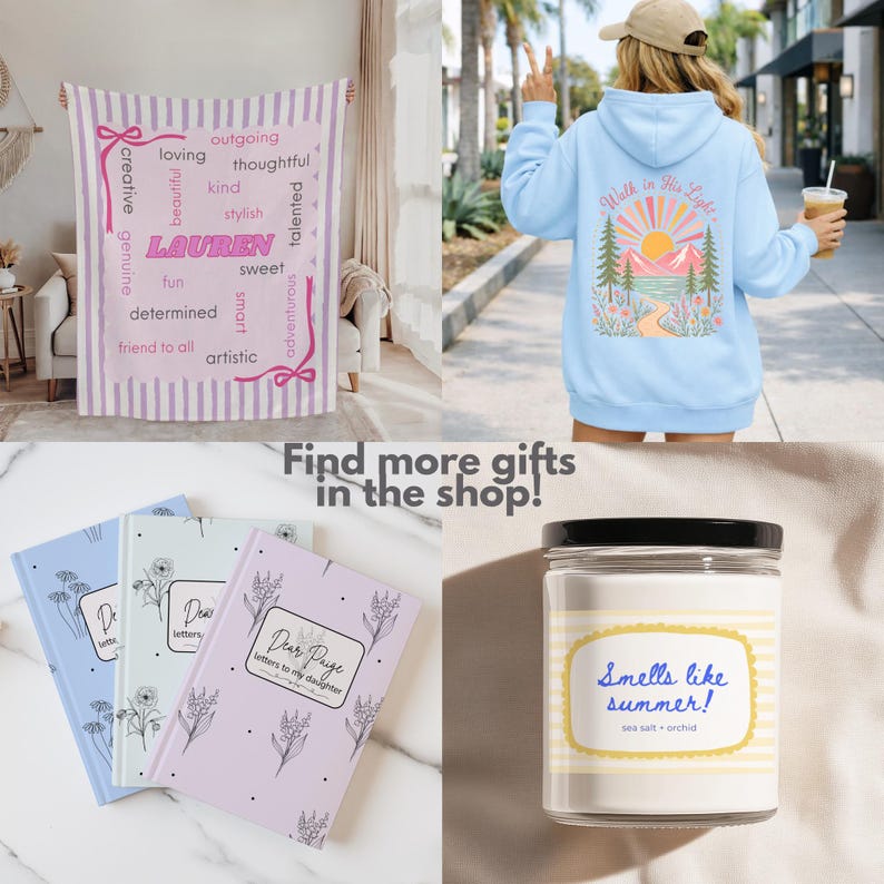 May include: A collage featuring a personalized pink and white striped blanket with the name Lauren, a light blue hoodie with a mountain graphic, three pastel journals titled Dear Paige, and a candle with a label reading Smells like summer!