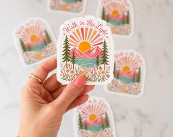 Christian Sticker Vinyl Jesus Gift Stickers Faith Bible Verse Walk Light Sun Scene Watercolor Mountain Artwork Inspirational Religious Teen