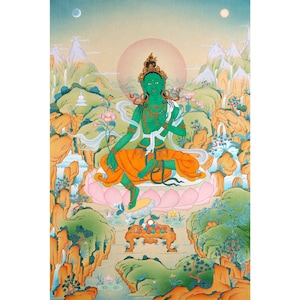 Original Green Tara Thangka | Female Buddha Tara | Traditional Buddhist Art | 24K Gold & Mineral Pigments on Cotton Canvas | Spiritual Gift