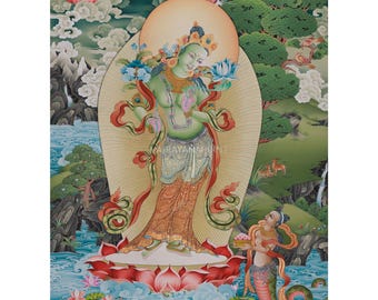 チベット　グリーンターラ菩薩　タンカ 送料無料 観音菩薩 タンカ 仏画 マンダラ 〔一点物〕タンカ グリーン