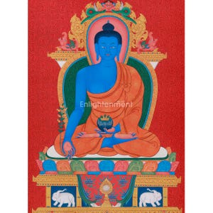 Tibetischer Medizin Buddha Thangka | Bhaisajyaguru, Buddha der Gesundheit | Spiritueller Schutz | Meditations Altar | Kunstwerk im Kadampa Stil