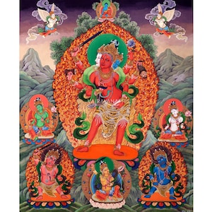 Goddess Vajrayogini Canvas Art Print For Meditation | Vajrayogini With Green Tara, White Tara, Manjushri | Traditional Thangka Artwork