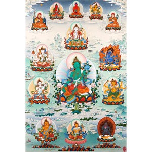 Stampa Thangka di Tara Verde con Bodhisattva / L'Assemblea della Compassione nell'Arte Thangka / Buddha e Bodhisattva Dipinto / Decorazione murale