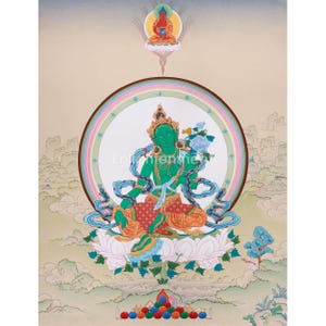 Uniquely Hand-Painted Green Tara Protection Deity Thangka | Featuring Amitabha Buddha | Divine Symbol of Compassion | Tibetan Female Buddha