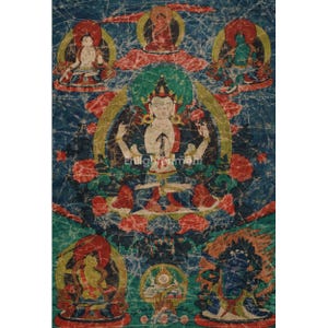Vintage Chenrezig Thangka | Hand-Painted Avalokiteshvara Art | Tibetan Buddhist Wall Decor | Compassion Deity | Antique Thangka Painting