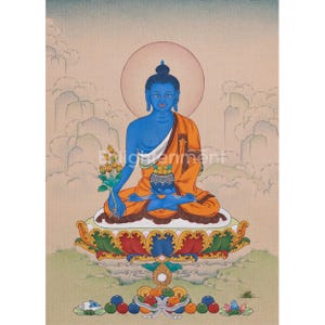 Kompaktes Medizinbuddha Thangka | Handgemalter Bhaisajyaguru | Buddha der Heilung | Tibetanische buddhistische Kunst | Wandkunst | Spirituelles Home Dekor