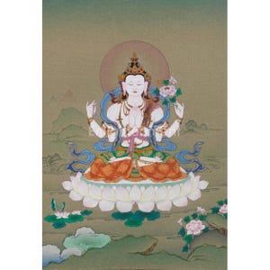 4 Armed Chenrezig Artwork | Sacred Tibetan Buddhist Bodhisattva Thangka | Hand-Painted Compassion Deity Thangka | Spiritual Home Decor
