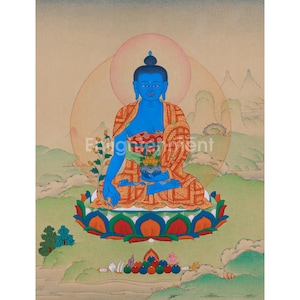 Heilung Bhaisajyaguru Malerei | Handbemaltes Medizinbuddha Thangka | Buddha der Heilung & des Schutzes | Tibetanische Wandkunst | Meditations-Altar