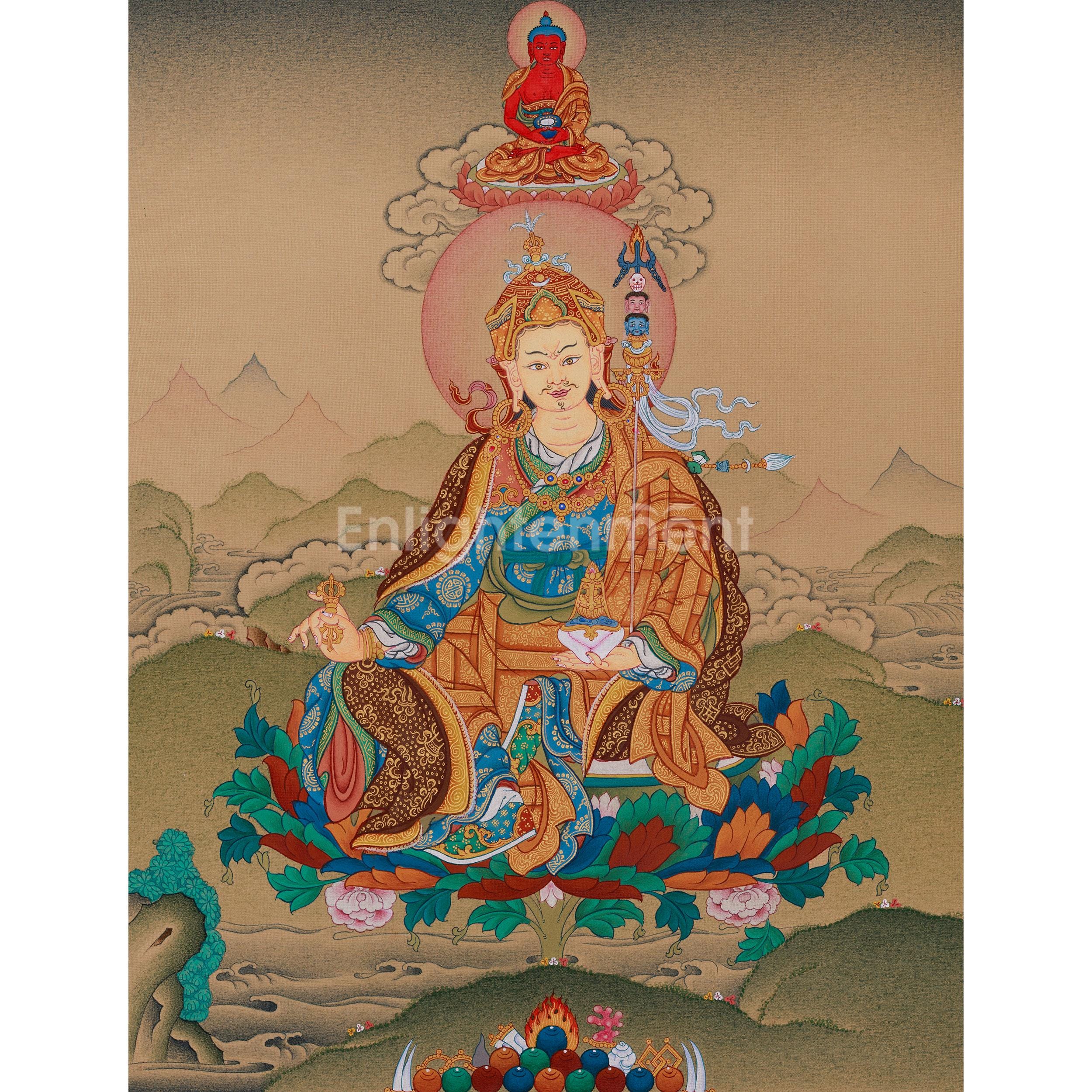 Guru Padmasambhava Painting | Second Buddha | Lotus Born Master | With Amitabha Buddha | Founder of Tibetan Buddhism | Traditional Artwork