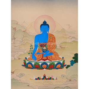 Original Bhaisajyaguru Painting | Tibetan Art of Healing | Medicine Buddha Thangka | Buddhist Arts | Home Decoration | Natural Stone Colors