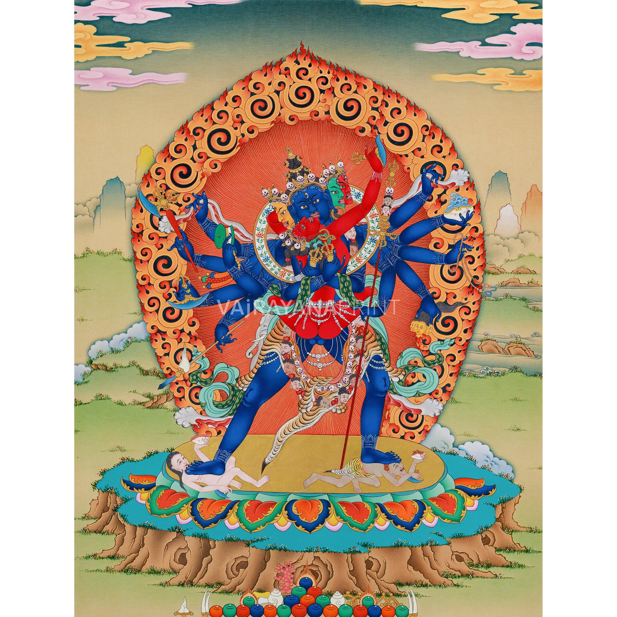 はち✨隠れ神金文字チャクラ絵画 6本の腕を持つ白いマハーカーラタンカ | 仏教の怒りの神絵画 | 富と