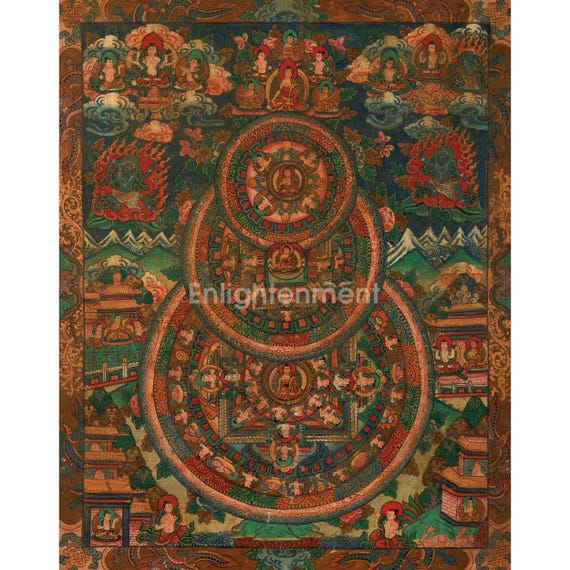 三輪仏曼荼羅｜手描きのチベット仏教タンカ｜瞑想のための神聖な壁画
