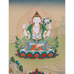 Four Armed Chenrezig, Bodhisattva of Compassion | Avalokiteshvara Thangka | Tibetan Buddhist Art | Wall Hanging | Home Decor | Karma Gadri