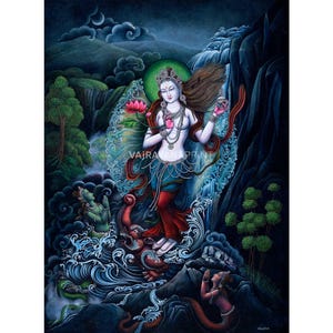 Ganga Goddess Giclee Print For Prayers |Traditional Newari Paubha Art Print For Wall Hanging | Traditional Gift Ideas | Spiritual Artwork
