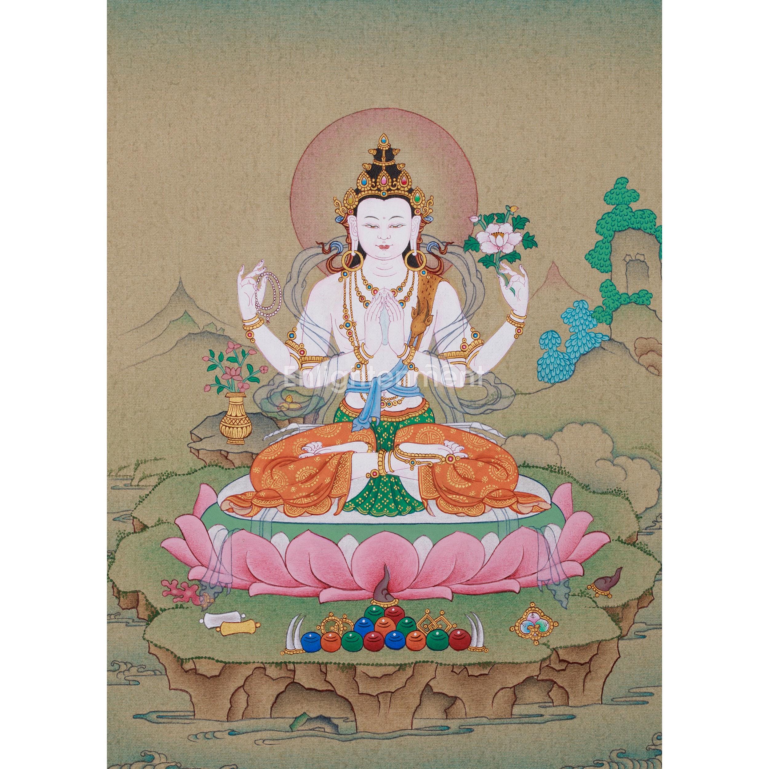 四臂観音菩薩 タンカ 手描き シルク仕立 額装 チベット 守護 浄化 曼荼羅