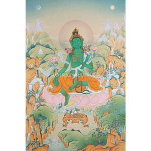 Traditional Green Tara Thangka Print | Divine Feminine Giclee Print | Goddess of Compassion | Buddhist Arya Tara Artwork | Wall Decorations