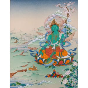 Erhöhen Sie Ihren Raum mit hochwertigem Green Tara Thangka Print | Mutter Grüne Tara Giclee Art | Traditionelles buddhistisches Kunsthandwerk Künstlerisches Dekor
