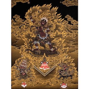 Ekajati With Rahula and Dorje Lekpa | Trio Nyingma Protectors of Vajrayana | High Quality Canvas Thangka Print | Religious Wall Decor |