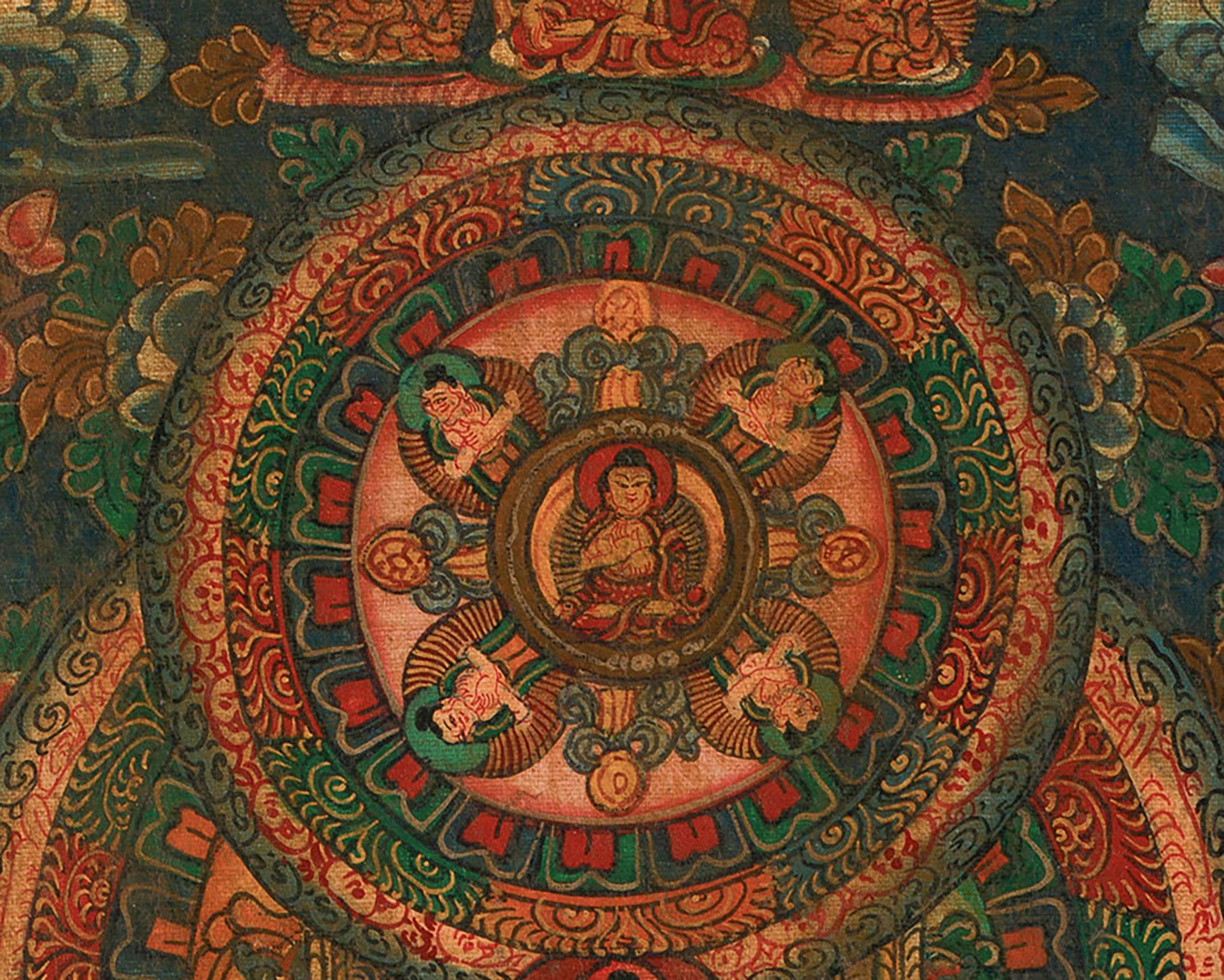チベット ネパール 手書き タンカ 曼荼羅アート 三輪仏曼荼羅｜手描き