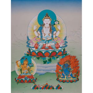 Avalokitesvara Thangka | The Three Great Bodhisattvas | Chenrezig with Manjushri & Vajrapani | Compassion, Wisdom, Power