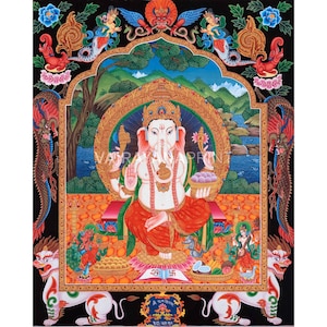 High-Quality Print of Ganesha Thangka for Removing Obstacles | Digital Printing | Religious Wall Decor | Sacred Wall Art for Prosperity