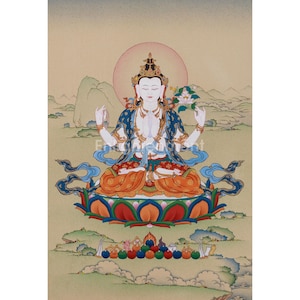 Four-Armed Chenrezig Buddha Thangka | Avalokiteshvara Painting | Traditional Karma Gadri Style | Spiritual Home Decor | Sacred Tibetan Art