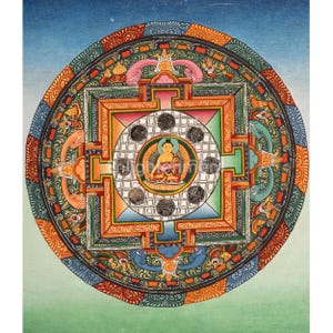 Vintage Shakyamuni Buddha Mandala Thangka | Hand-Painted Tibetan Art with 24K Gold | Meditation Wall Decor | Buddhist Sacred Geometry Canvas