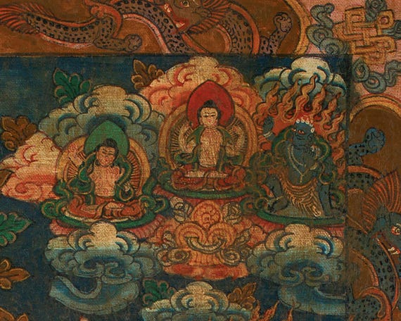 三輪仏曼荼羅｜手描きのチベット仏教タンカ｜瞑想のための神聖な壁画