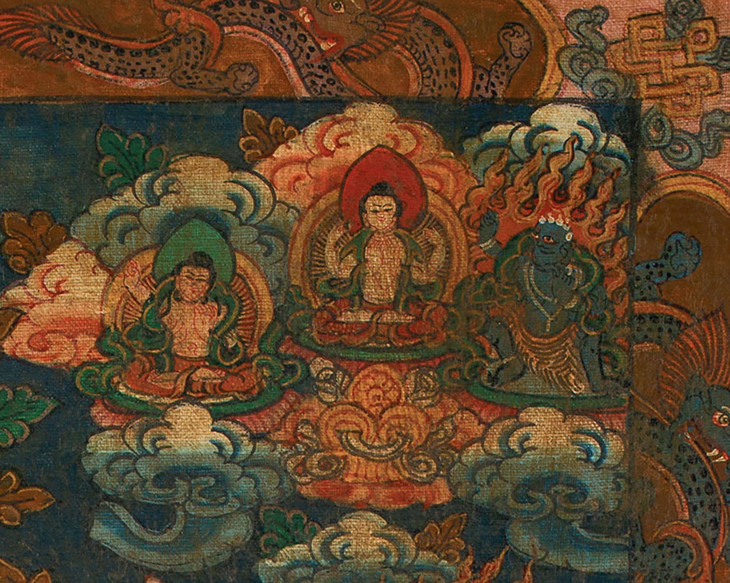 三輪仏曼荼羅｜手描きのチベット仏教タンカ｜瞑想のための神聖な壁画