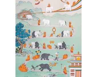 手描きの象の道サマタ瞑想天国/涅槃への道チベットタンカ絵画